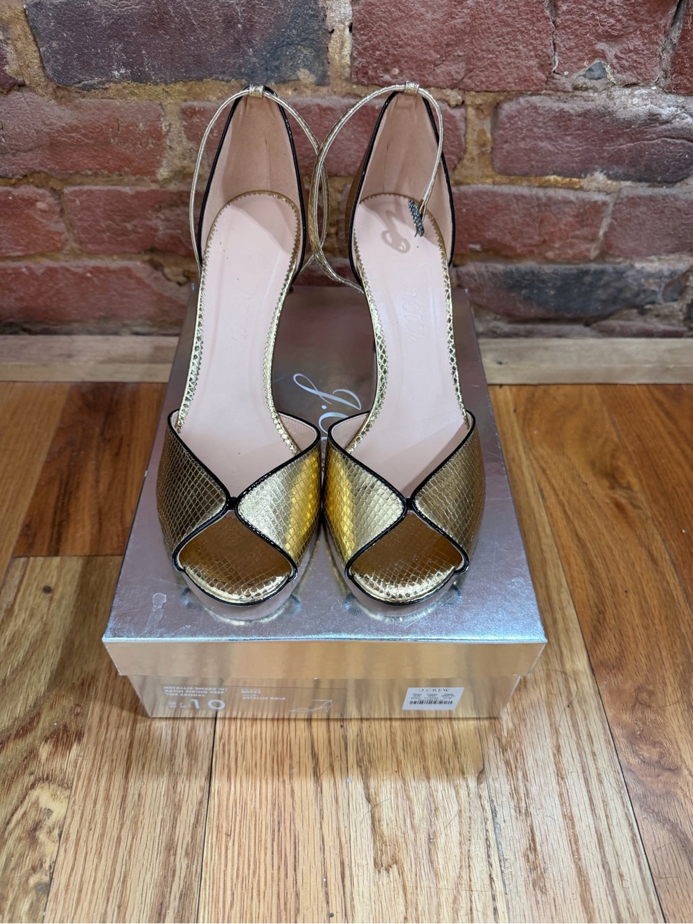 J. Crew Metallic Gold Peep-Toe Ankle-Strap Heels
